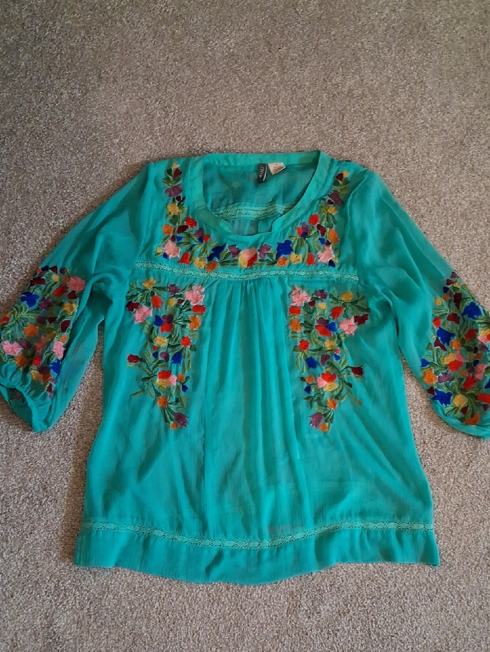 ANU Women's Teal Bold Colorful Floral Embroidered Peasant Top. S